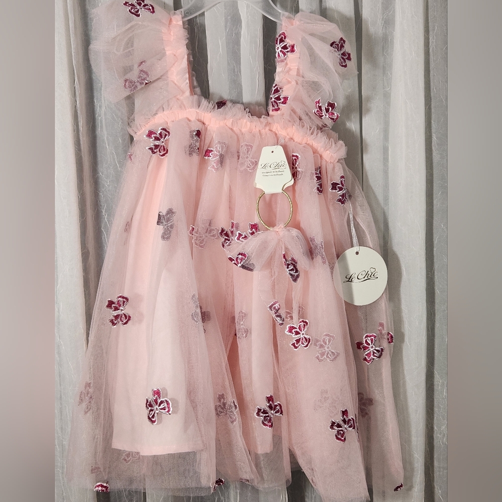 Le Chic Pink Tulle Dress w/ Red/Silver Bow Embroidery w/Hair Tie, S5Y, NWT - Picture 2 of 4